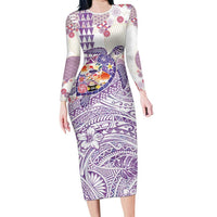 Hawaiian and Japanese Culture Together Long Sleeve Bodycon Dress Tropical Honu with Japanese Elements Purple Color LT03 Long Dress Purple - Polynesian Pride