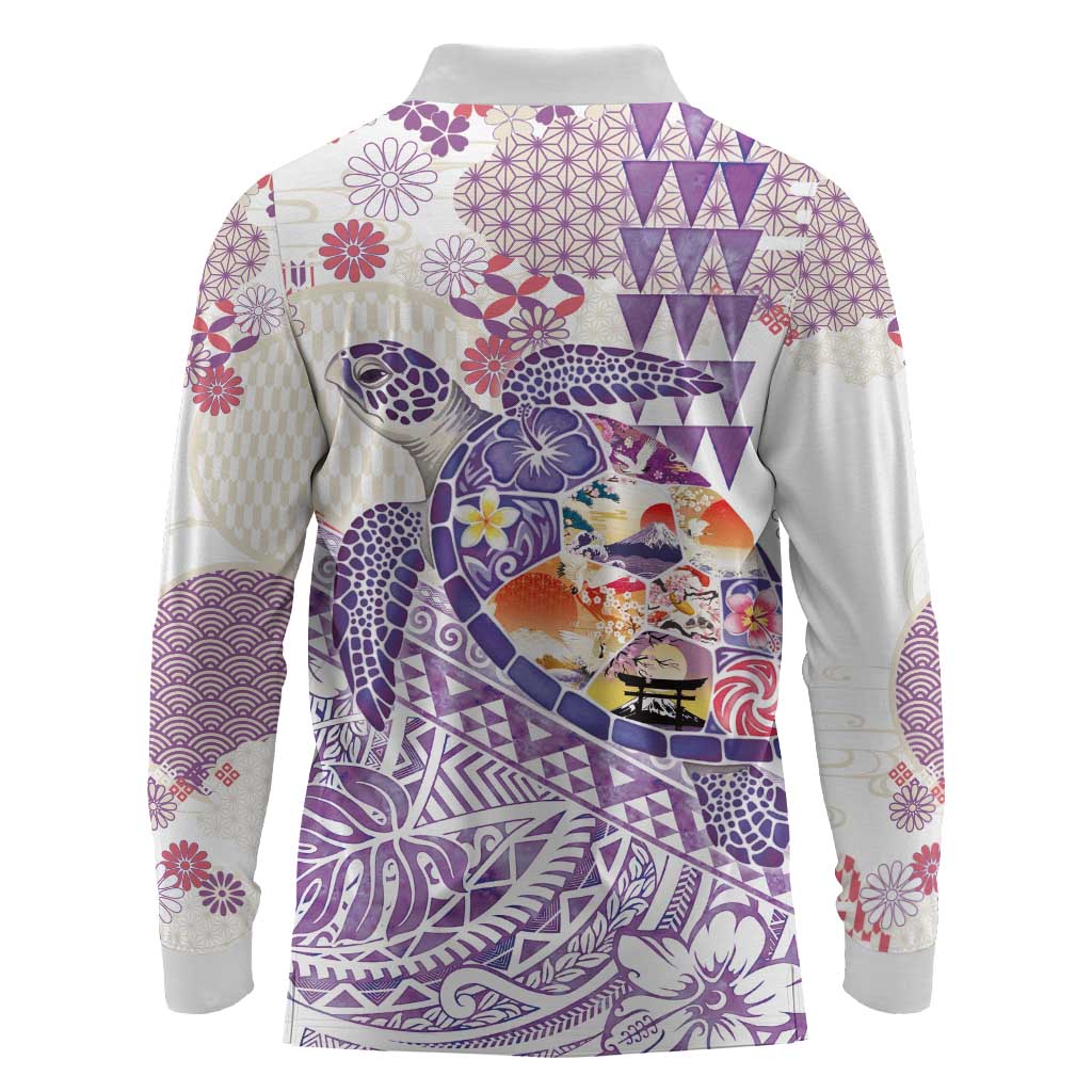 Hawaiian and Japanese Culture Together Long Sleeve Polo Shirt Tropical Honu with Japanese Elements Purple Color LT03 - Polynesian Pride