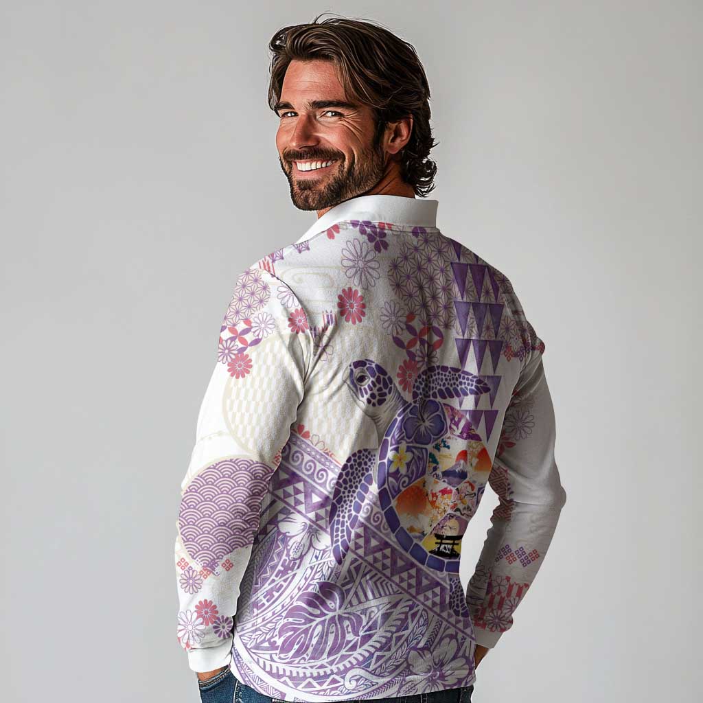 Hawaiian and Japanese Culture Together Long Sleeve Polo Shirt Tropical Honu with Japanese Elements Purple Color LT03 - Polynesian Pride