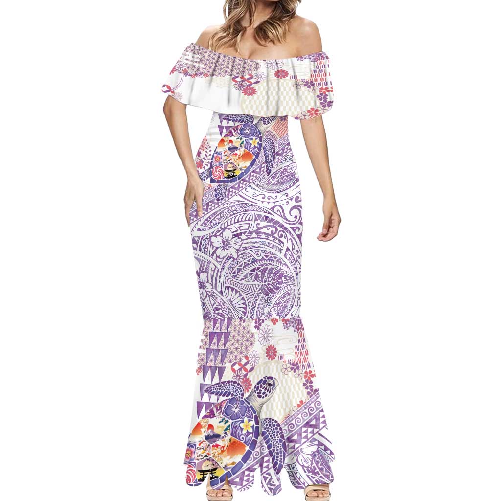 Hawaiian and Japanese Culture Together Mermaid Dress Tropical Honu with Japanese Elements Purple Color LT03 - Polynesian Pride