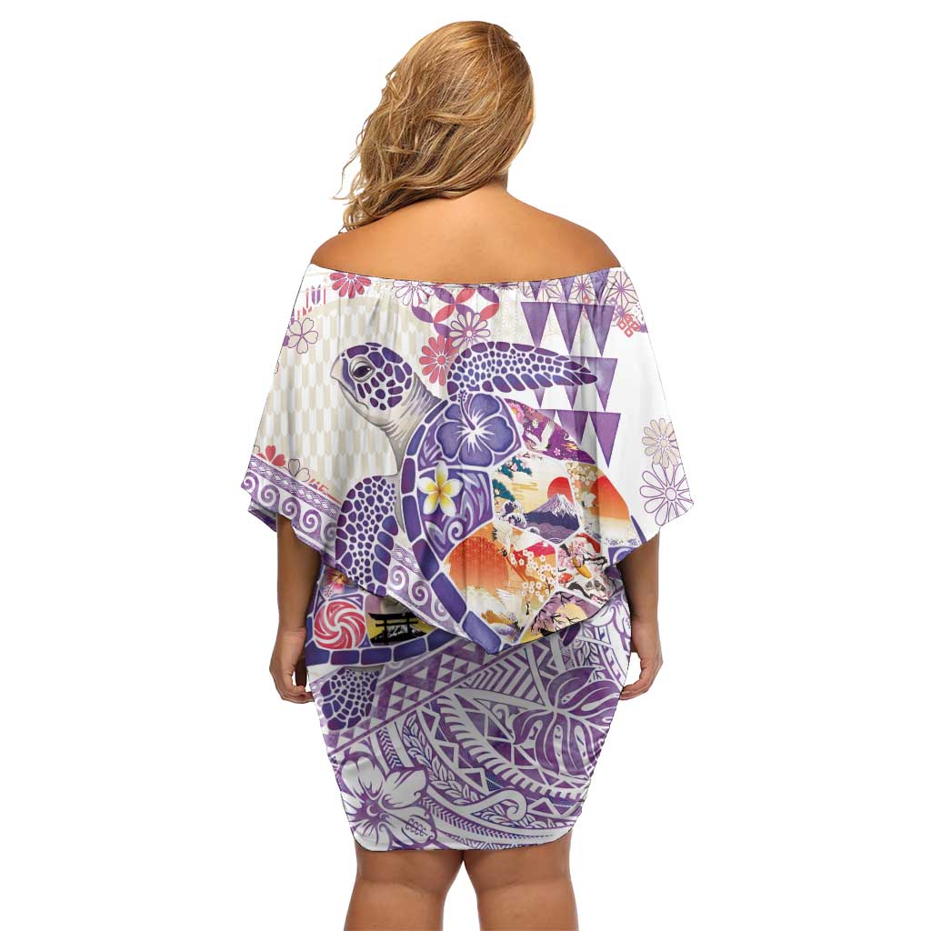 Hawaiian and Japanese Culture Together Off Shoulder Short Dress Tropical Honu with Japanese Elements Purple Color LT03 - Polynesian Pride