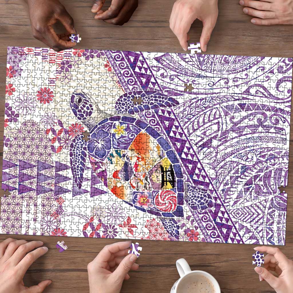 Hawaiian and Japanese Culture Together Puzzle Tropical Honu with Japanese Elements Purple Color