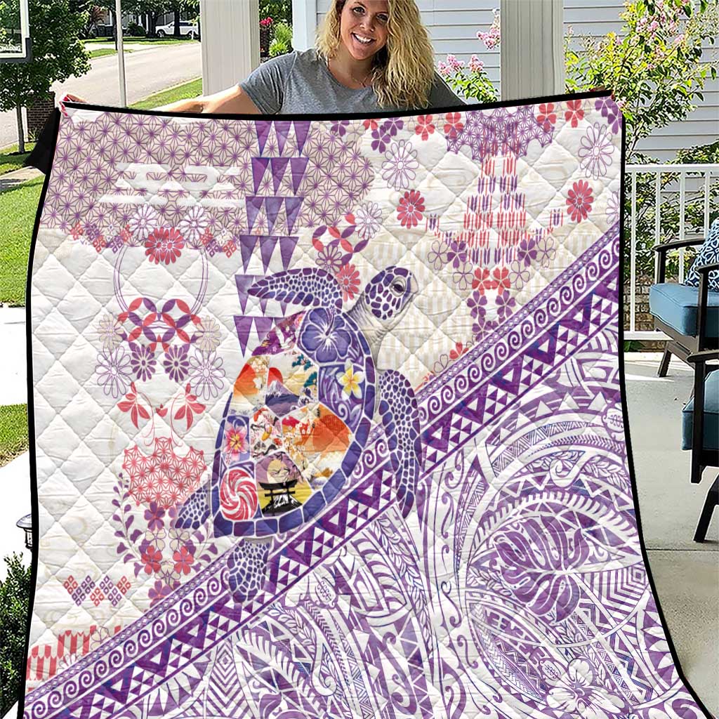 Hawaiian and Japanese Culture Together Quilt Tropical Honu with Japanese Elements Purple Color