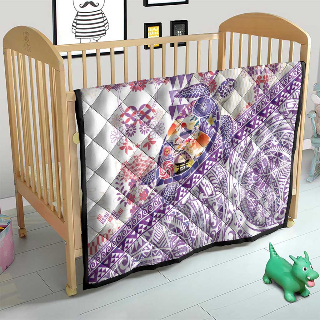 Hawaiian and Japanese Culture Together Quilt Tropical Honu with Japanese Elements Purple Color