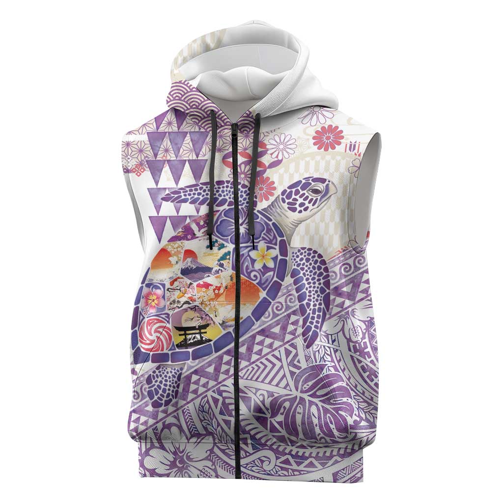 Hawaiian and Japanese Culture Together Sleeveless Zip Hoodie Tropical Honu with Japanese Elements Purple Color