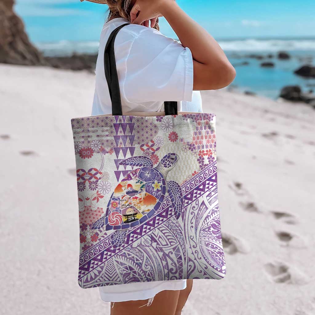 Hawaiian and Japanese Culture Together Tote Bag Tropical Honu with Japanese Elements Purple Color LT03 - Polynesian Pride