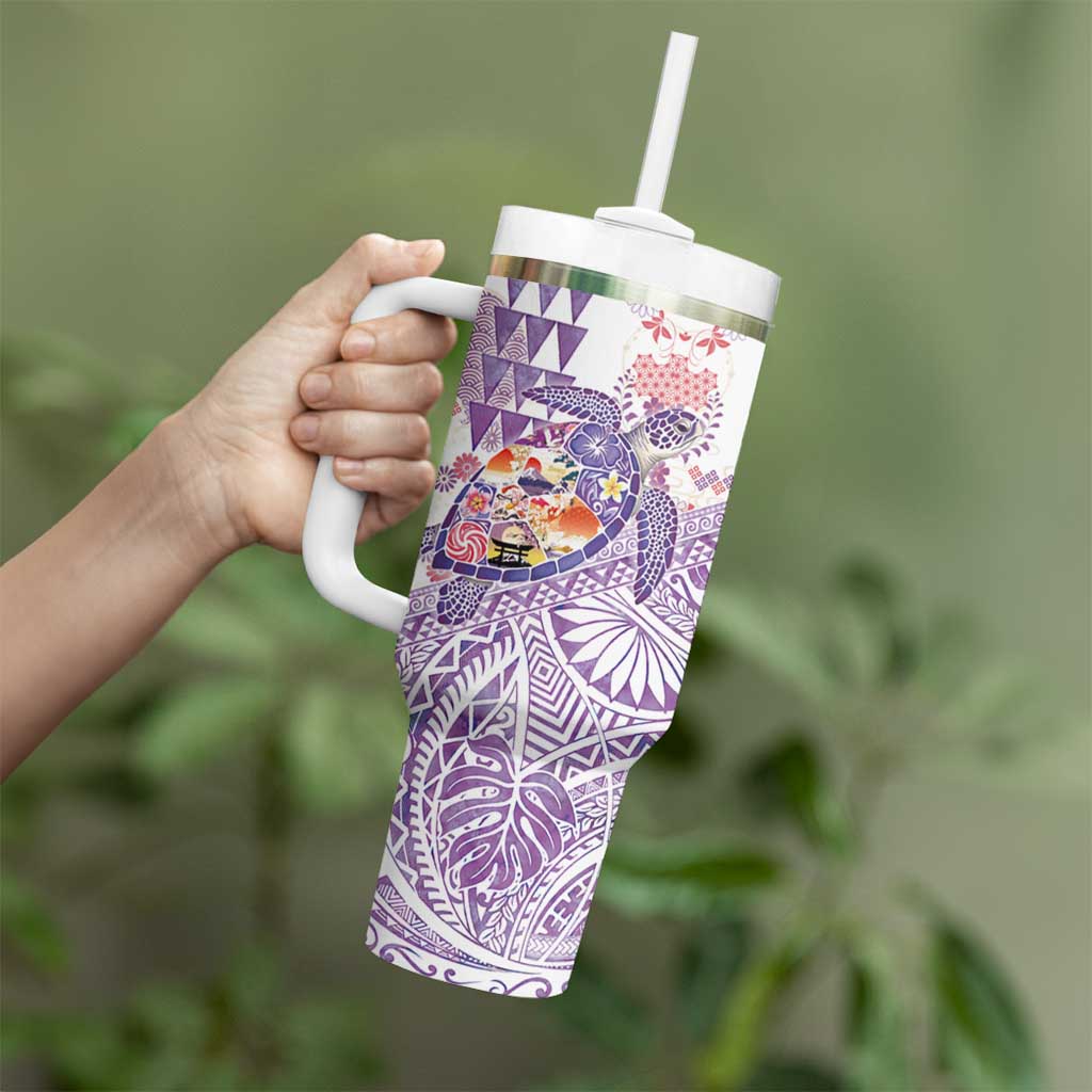 Hawaiian and Japanese Culture Together Tumbler With Handle Tropical Honu with Japanese Elements Purple Color