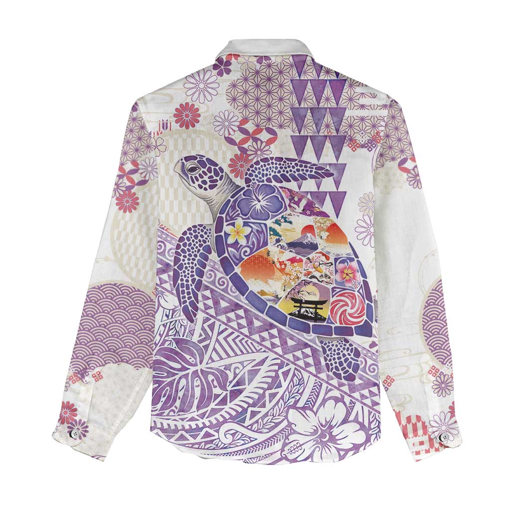 Hawaiian and Japanese Culture Together Women Casual Shirt Tropical Honu with Japanese Elements Purple Color LT03 - Polynesian Pride