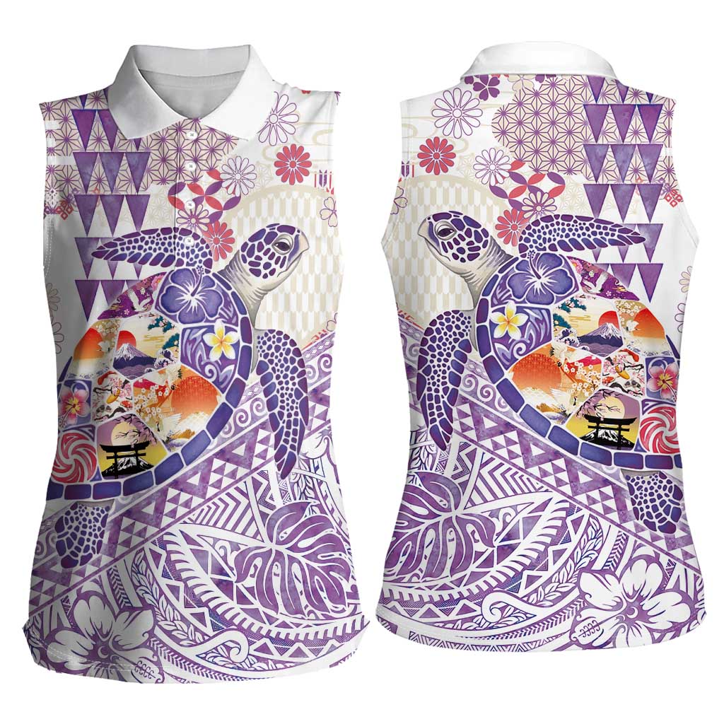Hawaiian and Japanese Culture Together Women Sleeveless Polo Shirt Tropical Honu with Japanese Elements Purple Color LT03 - Polynesian Pride