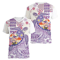 Hawaiian and Japanese Culture Together Women V-Neck T-Shirt Tropical Honu with Japanese Elements Purple Color LT03 - Polynesian Pride
