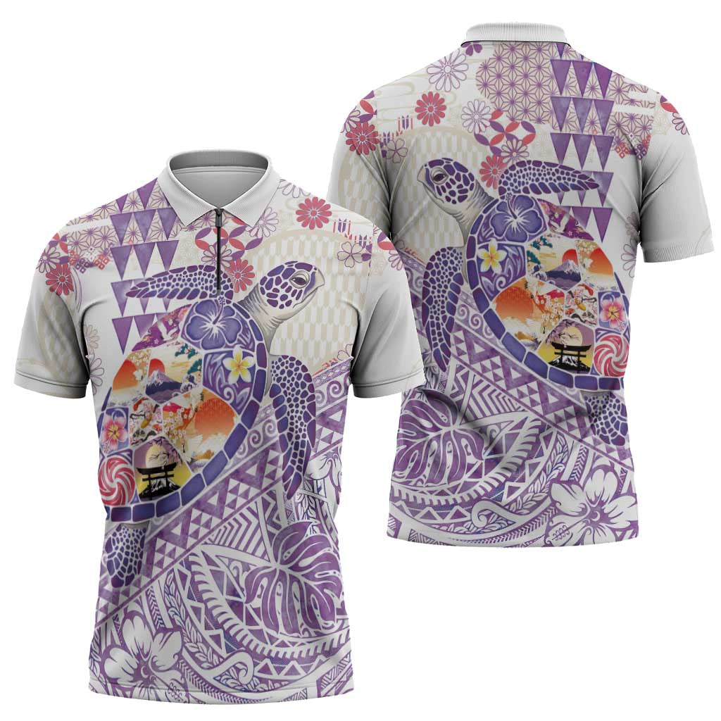 Hawaiian and Japanese Culture Together Zipper Polo Shirt Tropical Honu with Japanese Elements Purple Color LT03 - Polynesian Pride