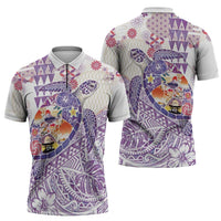 Hawaiian and Japanese Culture Together Zipper Polo Shirt Tropical Honu with Japanese Elements Purple Color LT03 - Polynesian Pride
