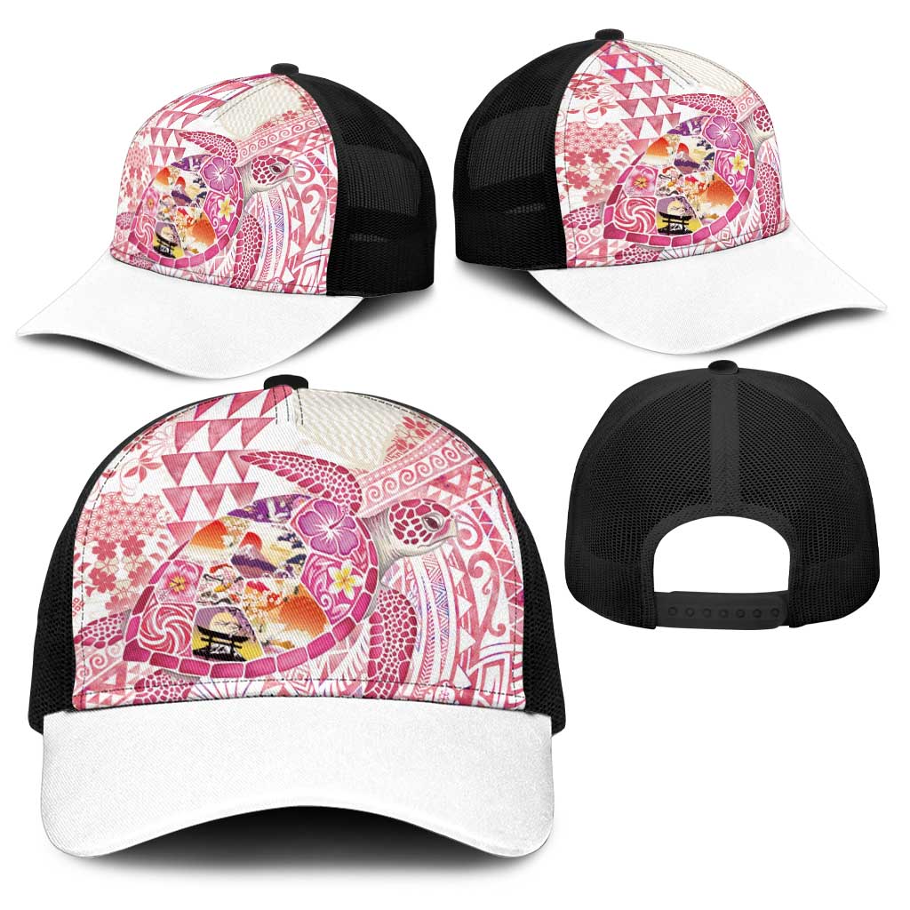 Hawaiian and Japanese Culture Together Baseball Net Cap Tropical Honu with Japanese Elements Pink Color