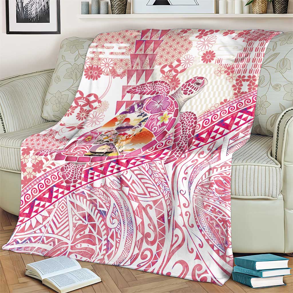 Hawaiian and Japanese Culture Together Blanket Tropical Honu with Japanese Elements Pink Color
