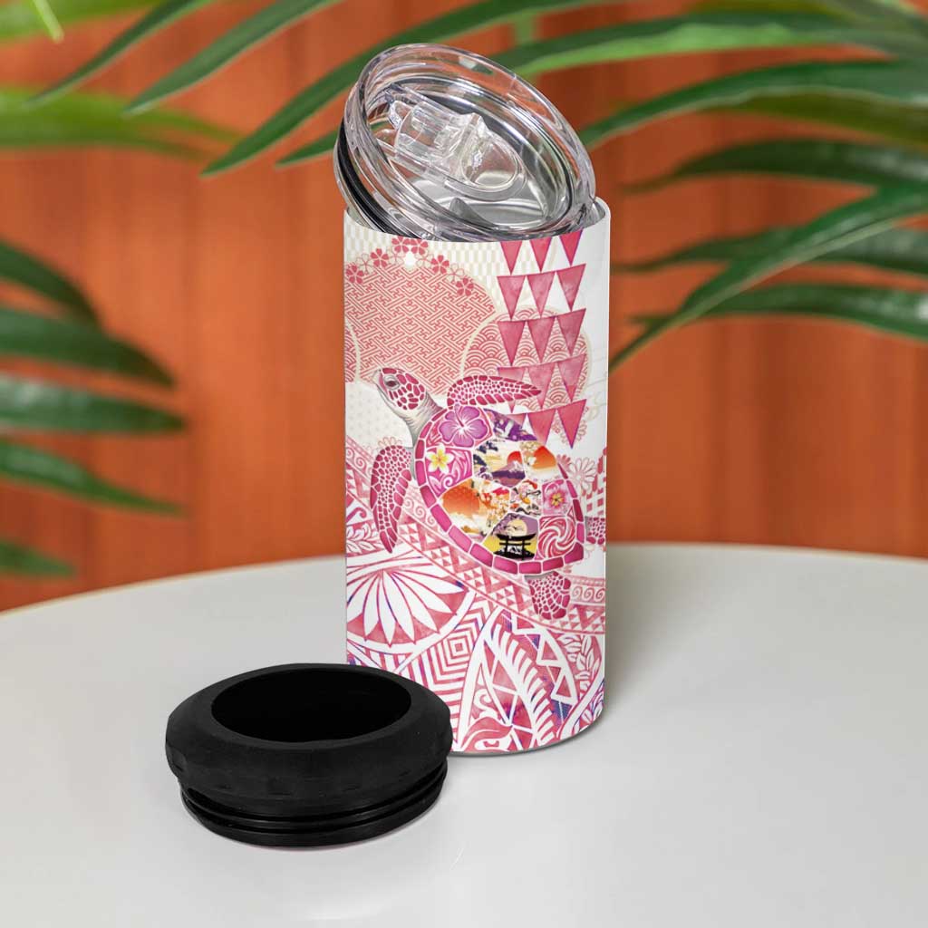 Hawaiian and Japanese Culture Together 4 in 1 Can Cooler Tumbler Tropical Honu with Japanese Elements Pink Color LT03 - Polynesian Pride