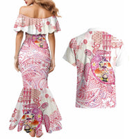 Hawaiian and Japanese Culture Together Couples Matching Mermaid Dress and Hawaiian Shirt Tropical Honu with Japanese Elements Pink Color LT03 - Polynesian Pride