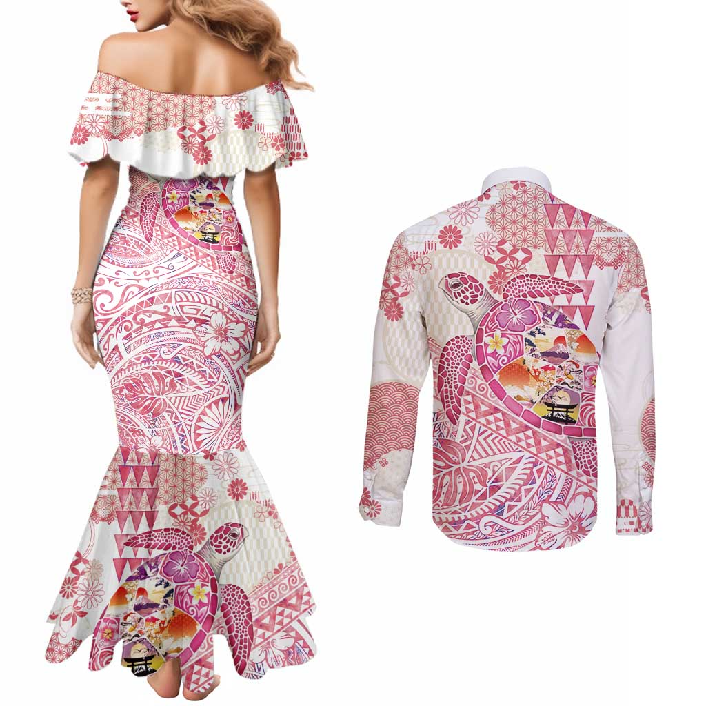 Hawaiian and Japanese Culture Together Couples Matching Mermaid Dress and Long Sleeve Button Shirt Tropical Honu with Japanese Elements Pink Color LT03 - Polynesian Pride