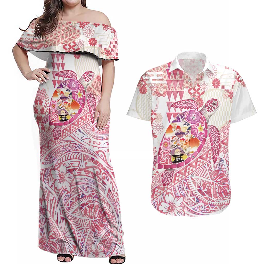 Hawaiian and Japanese Culture Together Couples Matching Off Shoulder Maxi Dress and Hawaiian Shirt Tropical Honu with Japanese Elements Pink Color LT03 Pink - Polynesian Pride