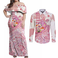Hawaiian and Japanese Culture Together Couples Matching Off Shoulder Maxi Dress and Long Sleeve Button Shirt Tropical Honu with Japanese Elements Pink Color LT03 Pink - Polynesian Pride