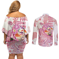 Hawaiian and Japanese Culture Together Couples Matching Off Shoulder Short Dress and Long Sleeve Button Shirt Tropical Honu with Japanese Elements Pink Color LT03 - Polynesian Pride
