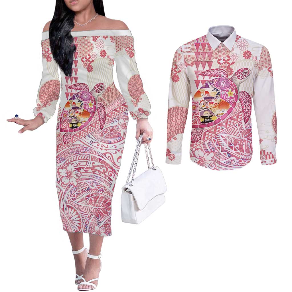 Hawaiian and Japanese Culture Together Couples Matching Off The Shoulder Long Sleeve Dress and Long Sleeve Button Shirt Tropical Honu with Japanese Elements Pink Color LT03 Pink - Polynesian Pride