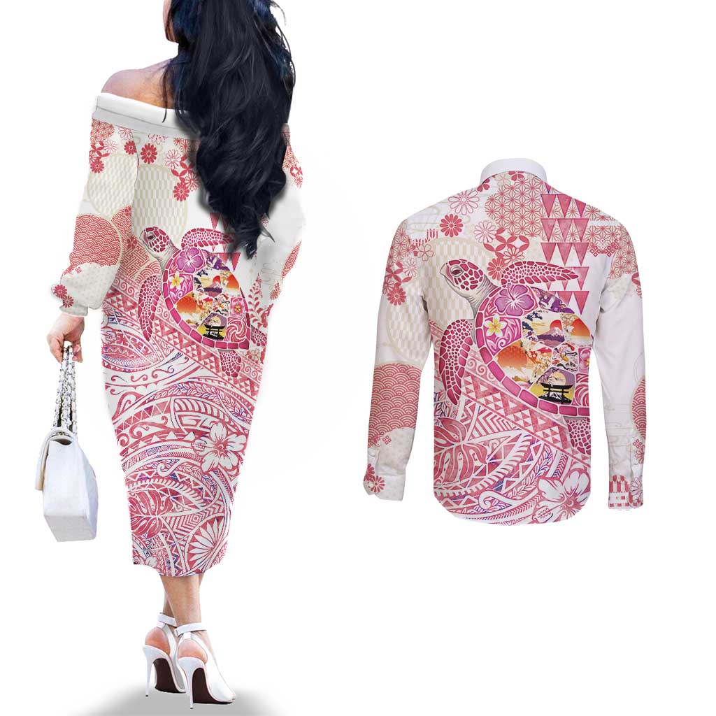Hawaiian and Japanese Culture Together Couples Matching Off The Shoulder Long Sleeve Dress and Long Sleeve Button Shirt Tropical Honu with Japanese Elements Pink Color LT03 - Polynesian Pride