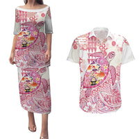 Hawaiian and Japanese Culture Together Couples Matching Puletasi and Hawaiian Shirt Tropical Honu with Japanese Elements Pink Color LT03 Pink - Polynesian Pride