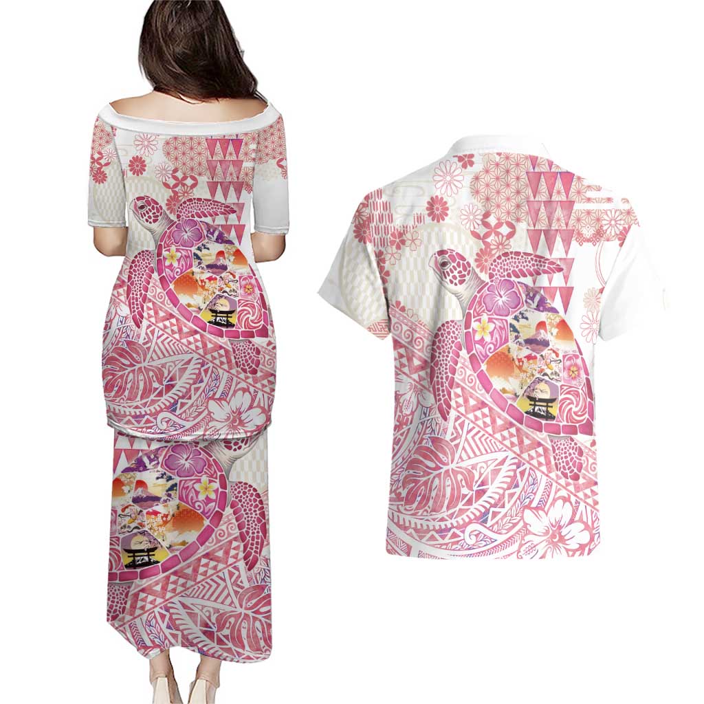 Hawaiian and Japanese Culture Together Couples Matching Puletasi and Hawaiian Shirt Tropical Honu with Japanese Elements Pink Color LT03 - Polynesian Pride