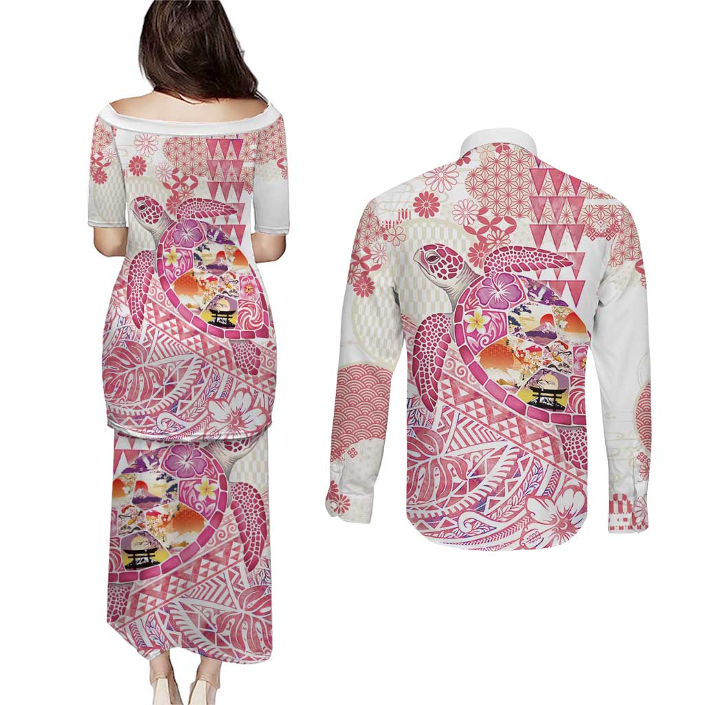 Hawaiian and Japanese Culture Together Couples Matching Puletasi and Long Sleeve Button Shirt Tropical Honu with Japanese Elements Pink Color LT03 - Polynesian Pride