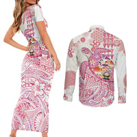 Hawaiian and Japanese Culture Together Couples Matching Short Sleeve Bodycon Dress and Long Sleeve Button Shirt Tropical Honu with Japanese Elements Pink Color LT03 - Polynesian Pride