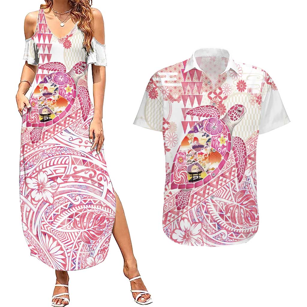 Hawaiian and Japanese Culture Together Couples Matching Summer Maxi Dress and Hawaiian Shirt Tropical Honu with Japanese Elements Pink Color LT03 Pink - Polynesian Pride