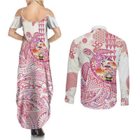 Hawaiian and Japanese Culture Together Couples Matching Summer Maxi Dress and Long Sleeve Button Shirt Tropical Honu with Japanese Elements Pink Color LT03 - Polynesian Pride