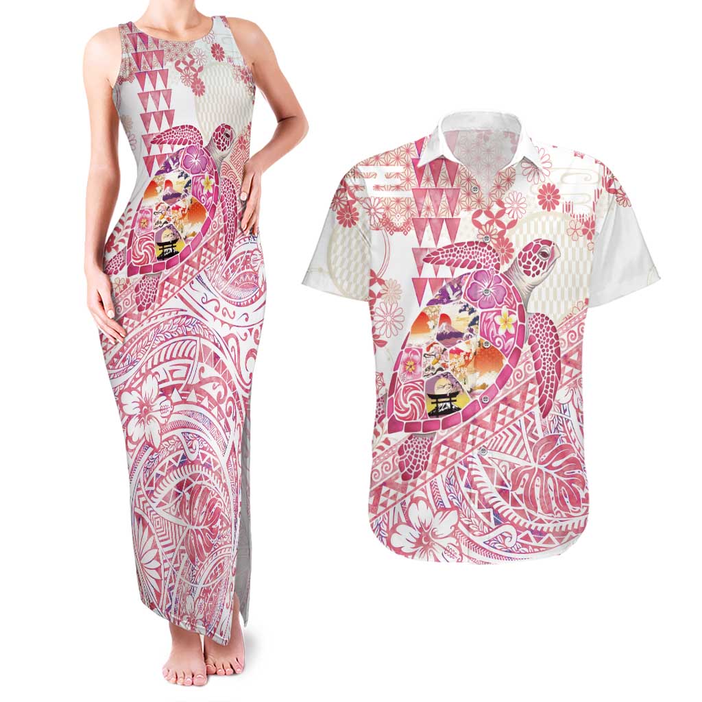 Hawaiian and Japanese Culture Together Couples Matching Tank Maxi Dress and Hawaiian Shirt Tropical Honu with Japanese Elements Pink Color LT03 Pink - Polynesian Pride