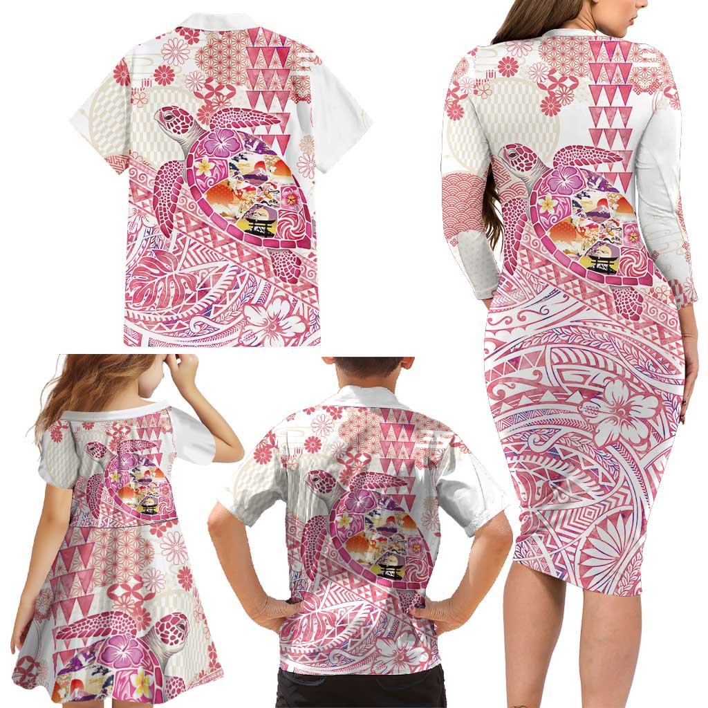 Hawaiian and Japanese Culture Together Family Matching Long Sleeve Bodycon Dress and Hawaiian Shirt Tropical Honu with Japanese Elements Pink Color LT03 - Polynesian Pride