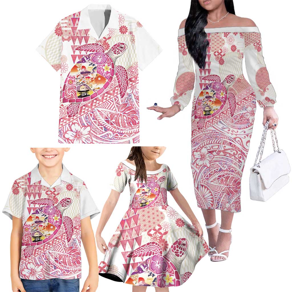 Hawaiian and Japanese Culture Together Family Matching Off The Shoulder Long Sleeve Dress and Hawaiian Shirt Tropical Honu with Japanese Elements Pink Color LT03 - Polynesian Pride