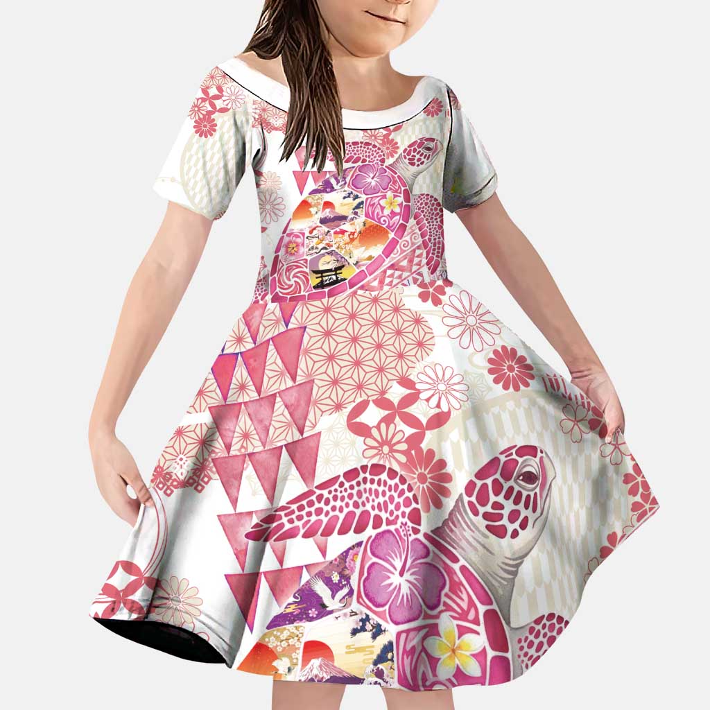 Hawaiian and Japanese Culture Together Family Matching Off Shoulder Maxi Dress and Hawaiian Shirt Tropical Honu with Japanese Elements Pink Color LT03 Daughter's Dress Pink - Polynesian Pride