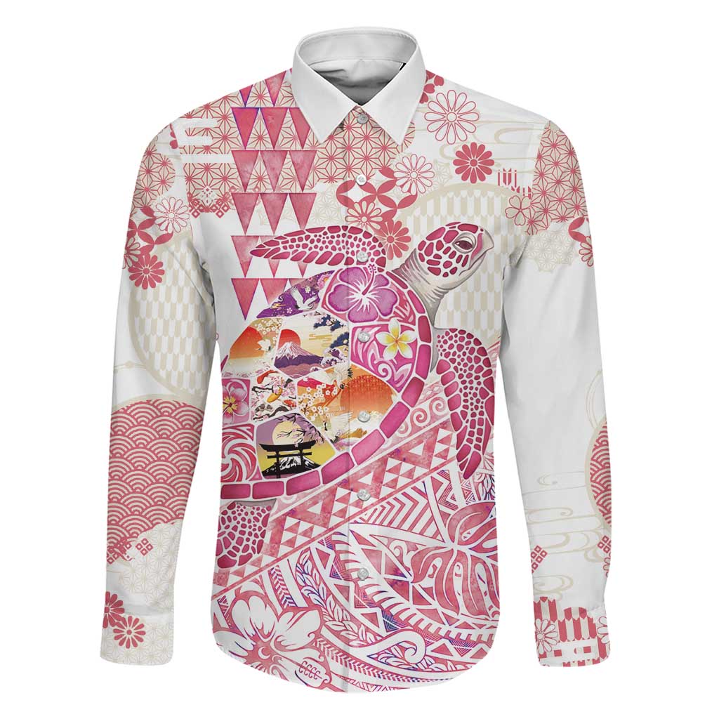 Hawaiian and Japanese Culture Together Family Matching Off Shoulder Maxi Dress and Hawaiian Shirt Tropical Honu with Japanese Elements Pink Color LT03 Dad's Shirt - Long Sleeve Pink - Polynesian Pride