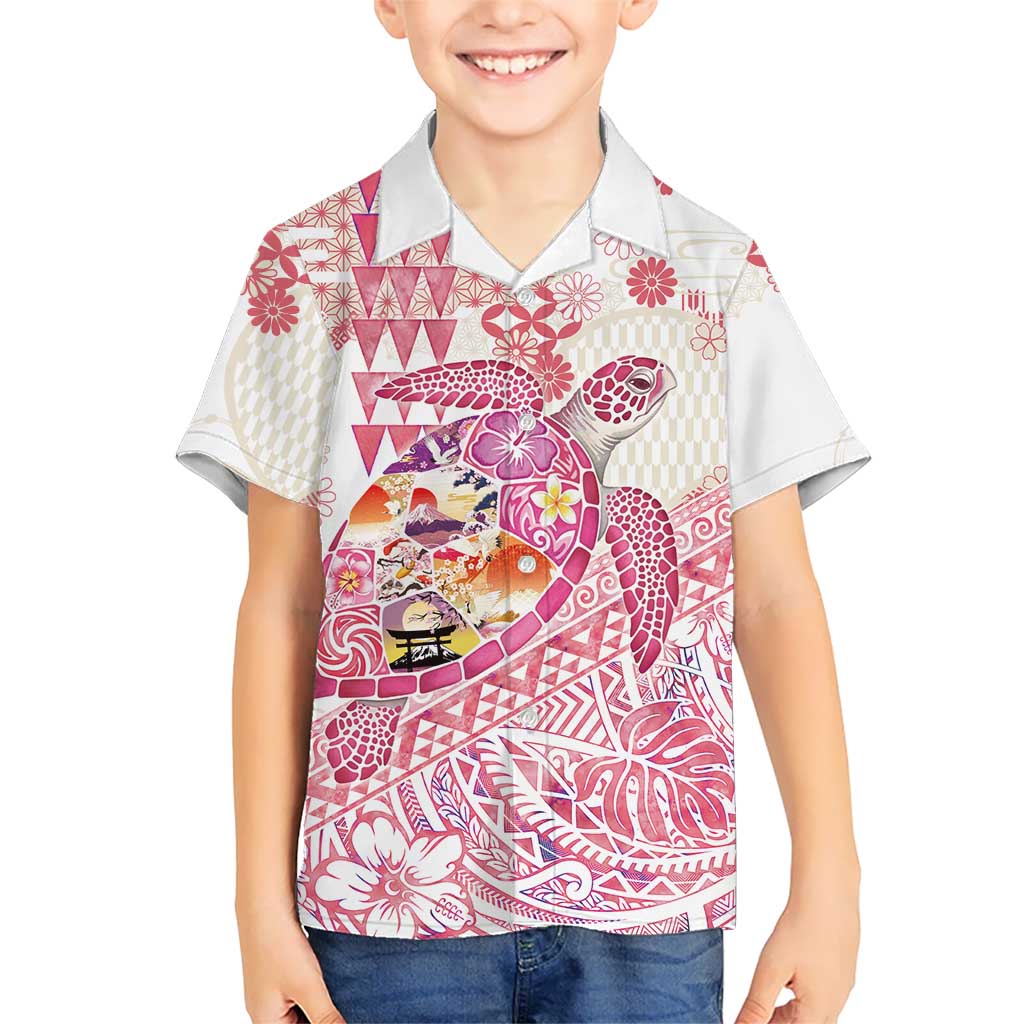 Hawaiian and Japanese Culture Together Family Matching Off Shoulder Maxi Dress and Hawaiian Shirt Tropical Honu with Japanese Elements Pink Color LT03 Son's Shirt Pink - Polynesian Pride