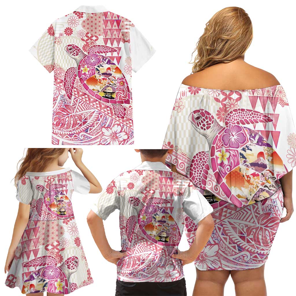 Hawaiian and Japanese Culture Together Family Matching Off Shoulder Short Dress and Hawaiian Shirt Tropical Honu with Japanese Elements Pink Color LT03 - Polynesian Pride