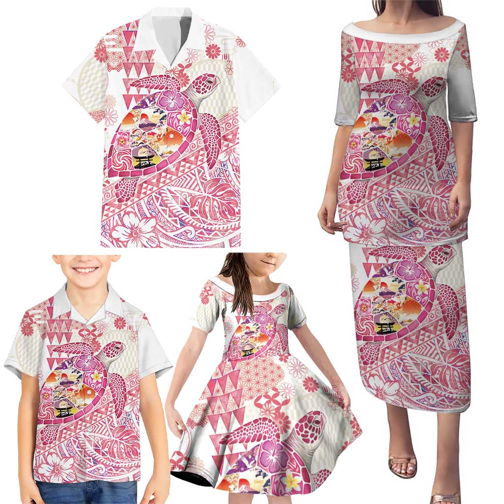 Hawaiian and Japanese Culture Together Family Matching Puletasi and Hawaiian Shirt Tropical Honu with Japanese Elements Pink Color LT03 - Polynesian Pride