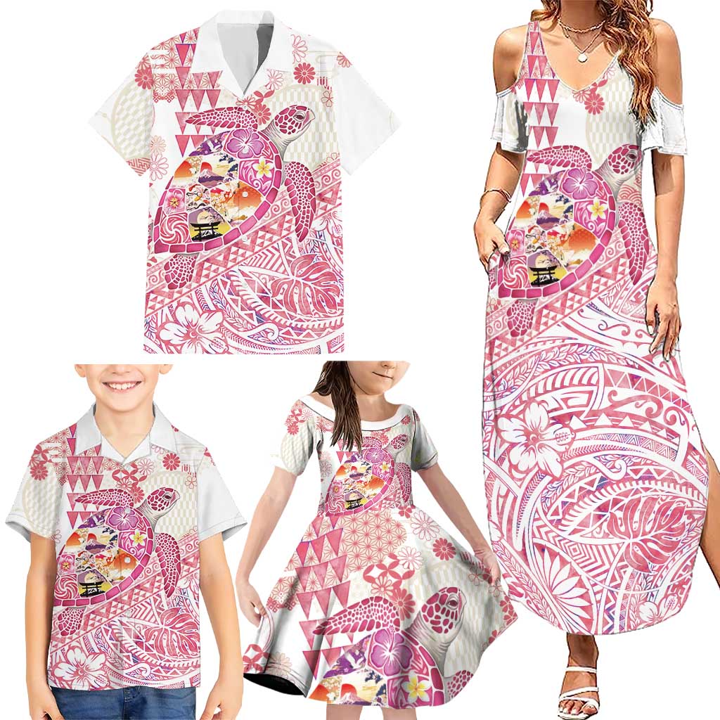 Hawaiian and Japanese Culture Together Family Matching Summer Maxi Dress and Hawaiian Shirt Tropical Honu with Japanese Elements Pink Color LT03 - Polynesian Pride