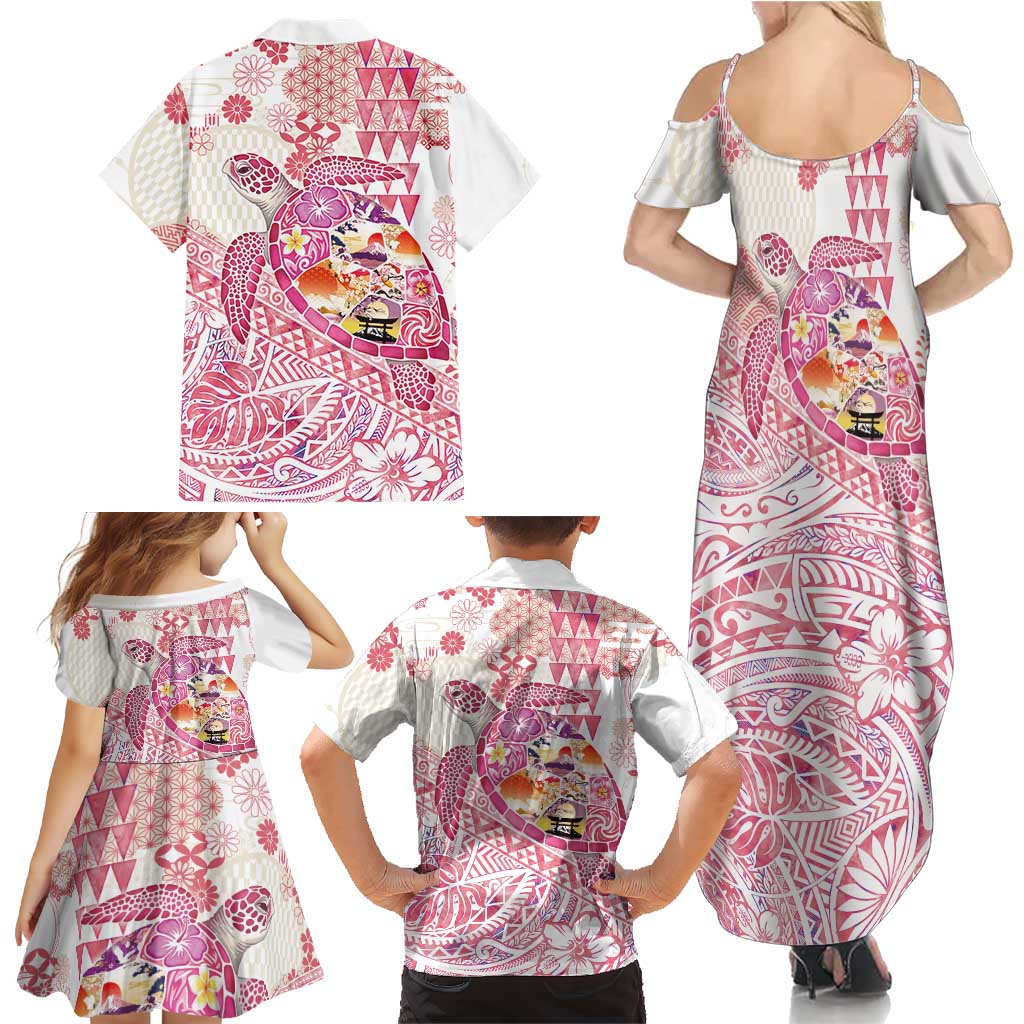 Hawaiian and Japanese Culture Together Family Matching Summer Maxi Dress and Hawaiian Shirt Tropical Honu with Japanese Elements Pink Color LT03 - Polynesian Pride
