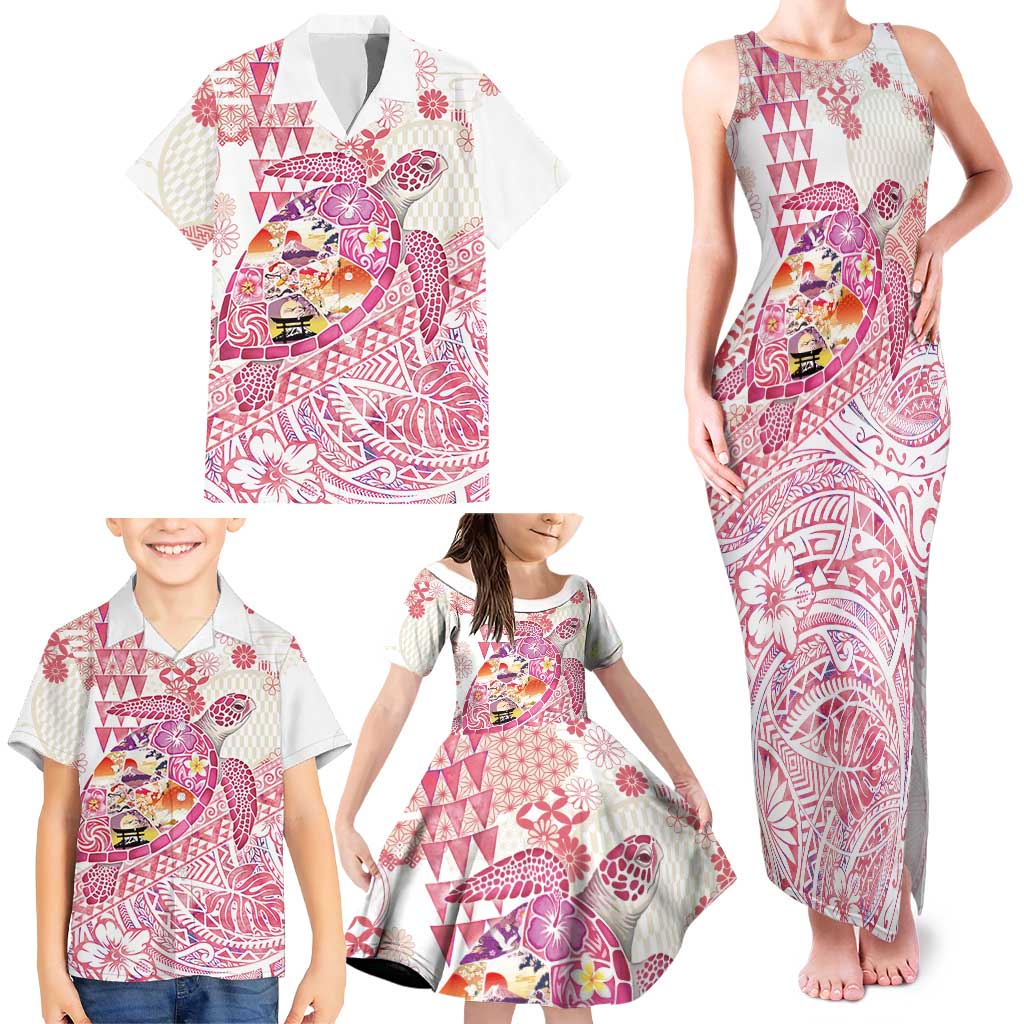 Hawaiian and Japanese Culture Together Family Matching Tank Maxi Dress and Hawaiian Shirt Tropical Honu with Japanese Elements Pink Color LT03 - Polynesian Pride