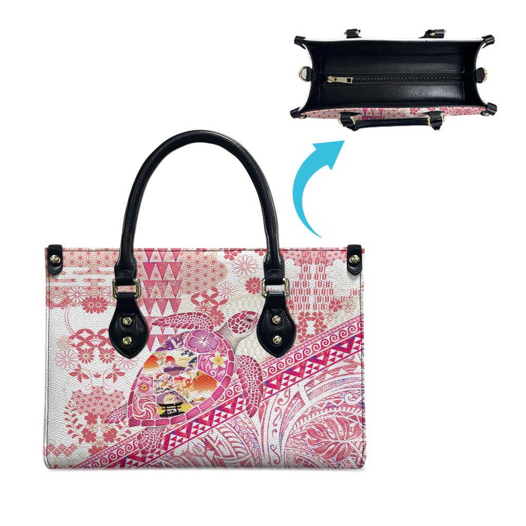 Hawaiian and Japanese Culture Together Leather Bag Tropical Honu with Japanese Elements Pink Color