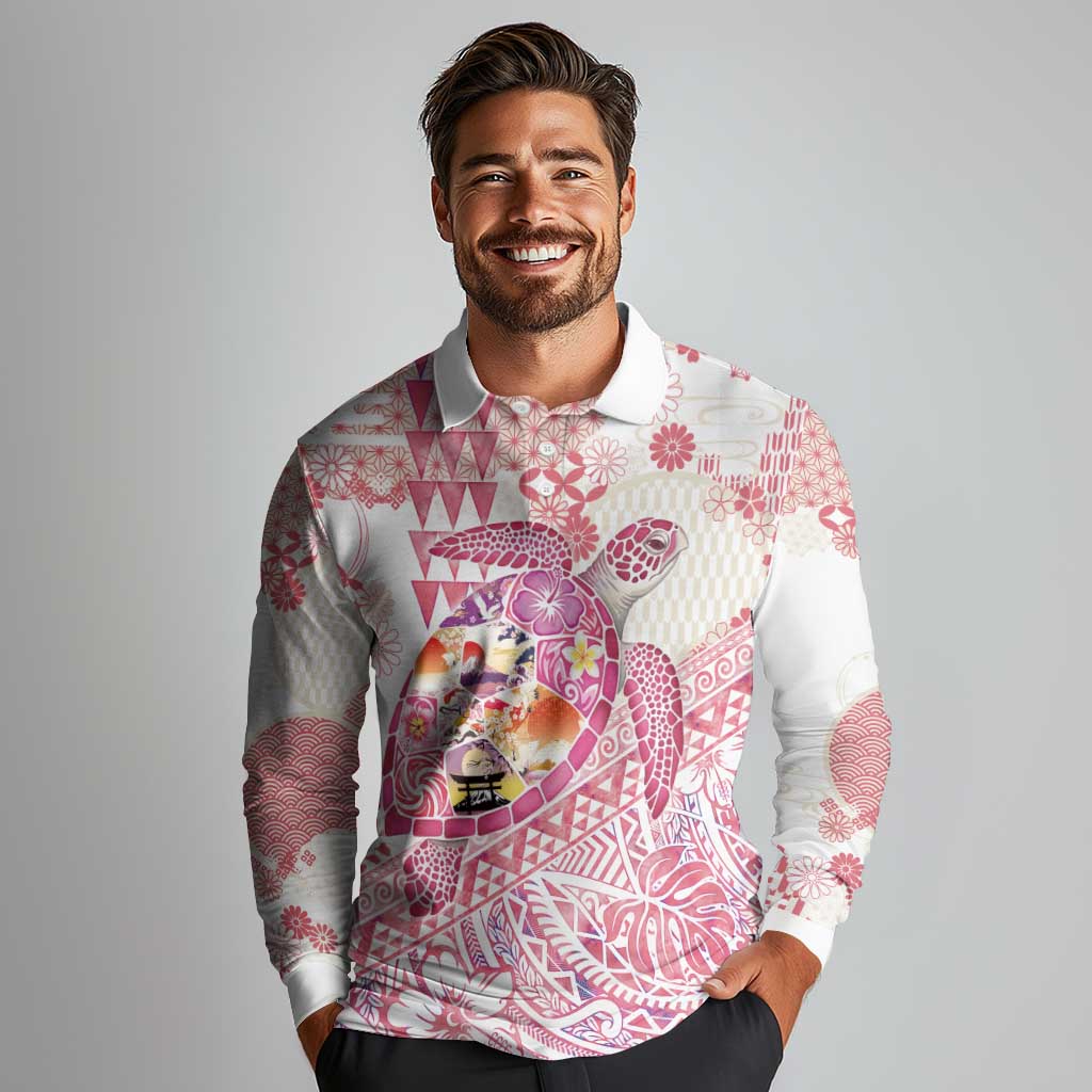 Hawaiian and Japanese Culture Together Long Sleeve Polo Shirt Tropical Honu with Japanese Elements Pink Color LT03 - Polynesian Pride