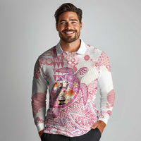 Hawaiian and Japanese Culture Together Long Sleeve Polo Shirt Tropical Honu with Japanese Elements Pink Color LT03 - Polynesian Pride