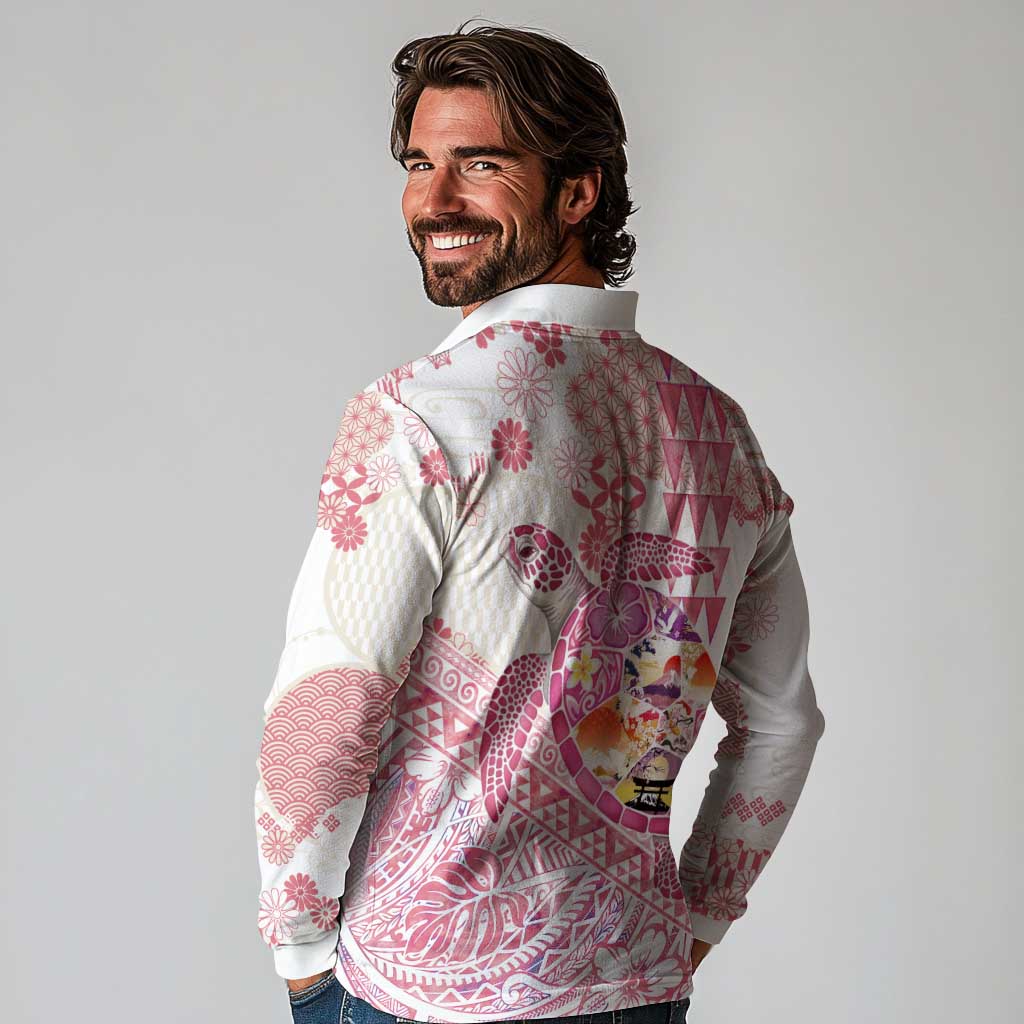 Hawaiian and Japanese Culture Together Long Sleeve Polo Shirt Tropical Honu with Japanese Elements Pink Color LT03 - Polynesian Pride