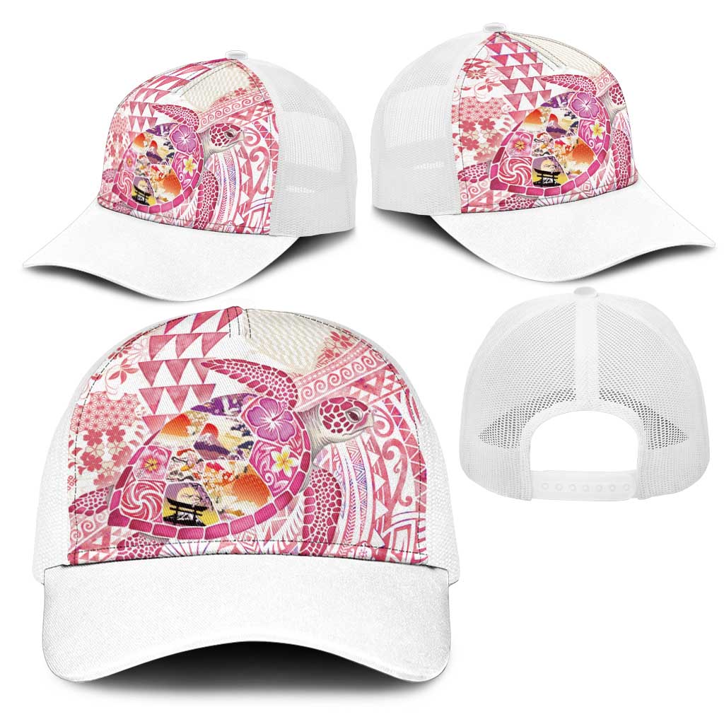Hawaiian and Japanese Culture Together Mesh Trucker Cap Tropical Honu with Japanese Elements Pink Color
