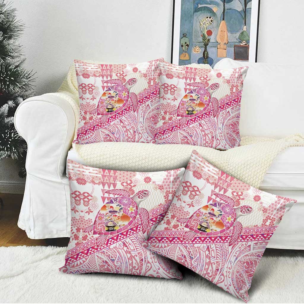 Hawaiian and Japanese Culture Together Pillow Cover Tropical Honu with Japanese Elements Pink Color
