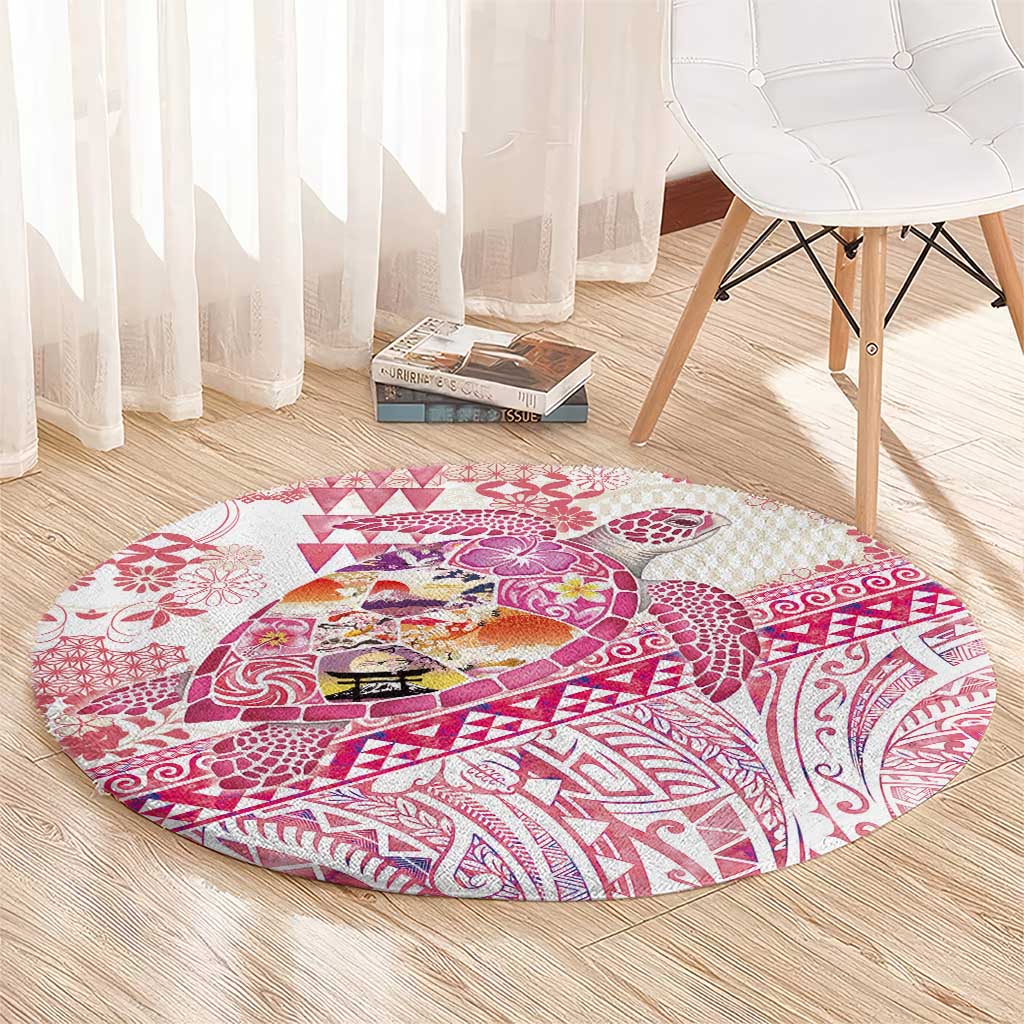 Hawaiian and Japanese Culture Together Round Carpet Tropical Honu with Japanese Elements Pink Color